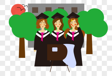 三个女学生在教学楼前面一起拍毕业照图片