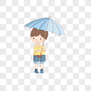 儿童节卡通手绘拿着蓝色雨伞站在雨中的小男孩图片