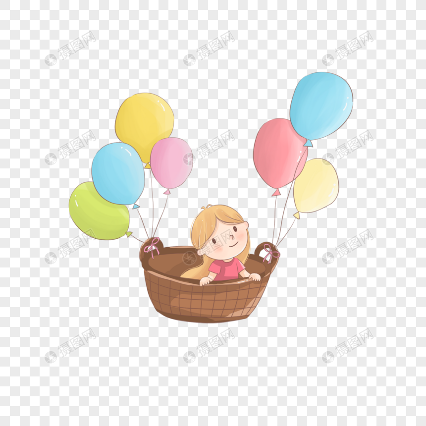 儿童节坐在篮子里气球绑着飞在天上的小女孩卡通手绘图片