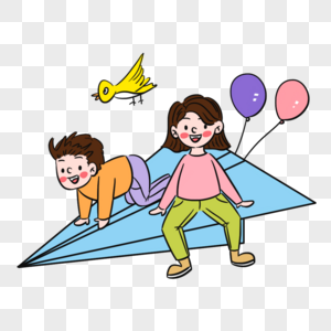 清新卡通儿童节乘纸飞机飞翔场景图片