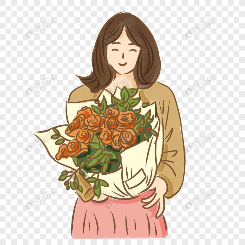 节日花束女孩手绘小清新装饰元素素材下载 正版素材 摄图网