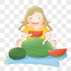 卡通夏日女孩吃西瓜PNG素材图片