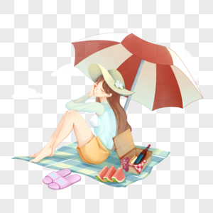 夏日沙滩在伞下乘凉的野餐少女图片
