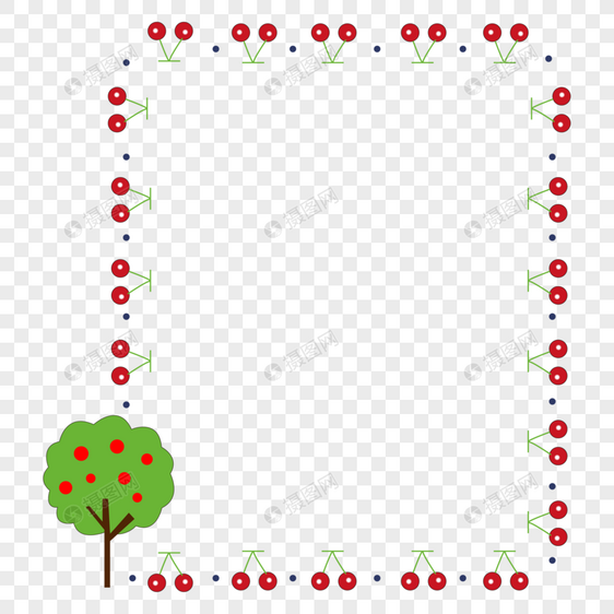卡通手绘红色樱桃绿色大树边框图片