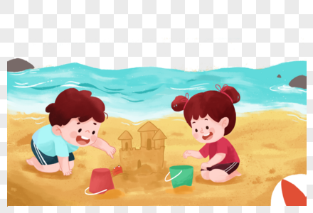 夏天儿童在海边沙滩玩沙子图片
