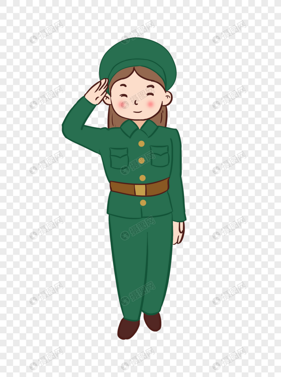 军人女兵敬礼军姿插画元素手绘图片