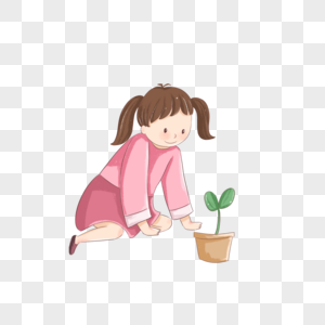 儿童节趴在地上照顾植物的粉色裙子小女孩卡通手绘图片