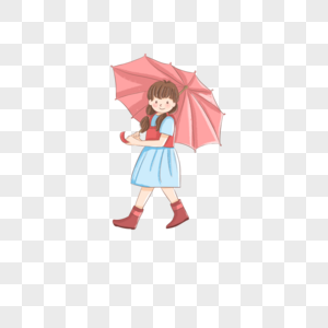 儿童节穿着雨靴打着雨伞走路的小女孩卡通装饰图片