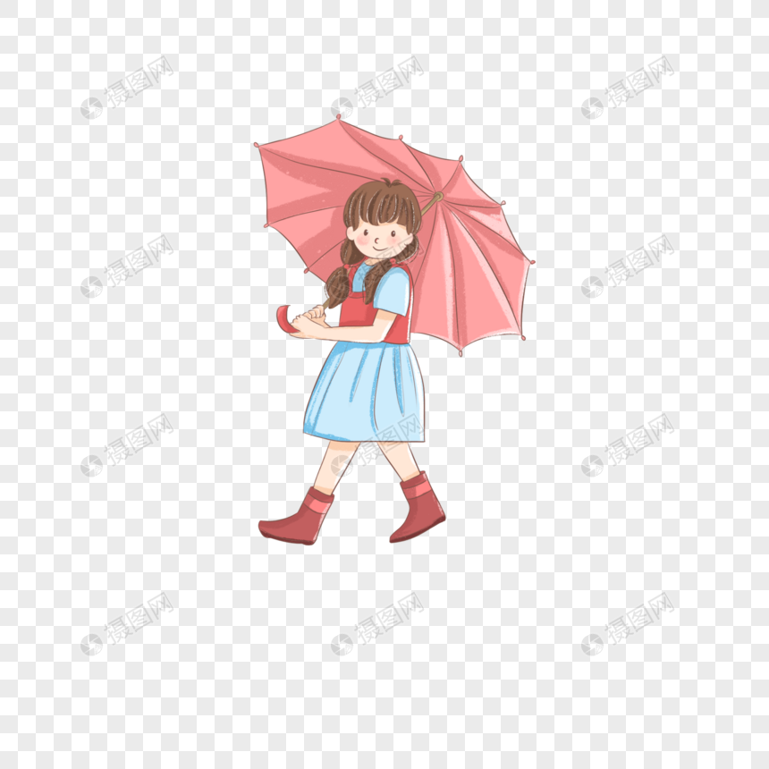 儿童节穿着雨靴打着雨伞走路的小女孩卡通装饰图片