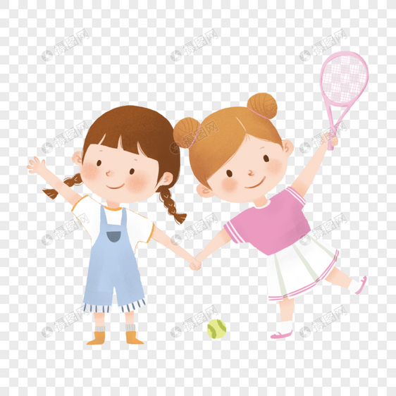 手绘夏季两个小女孩打网球图片