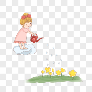 儿童节站在云朵上面正在给地上的黄色小花浇水的小女孩卡通手绘装饰图片