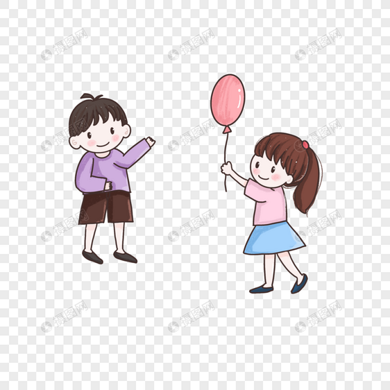 儿童节在路上相遇拿着气球交谈的两个小孩卡通手绘图片