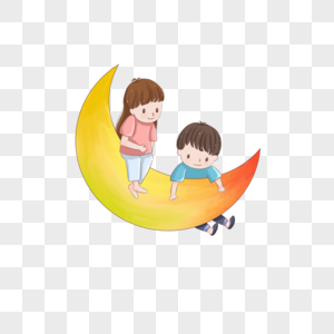 儿童节梦幻两个小孩坐在月亮上卡通手绘图片