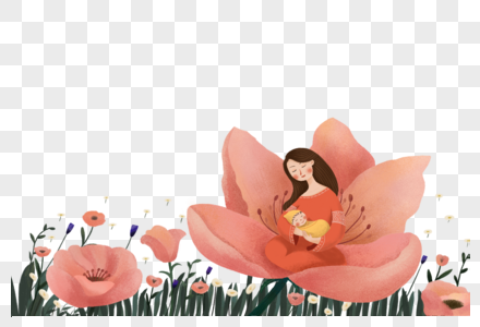 坐在花中抱着孩子的母亲图片