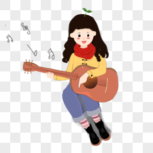 手绘女生弹吉他漫画元素图片