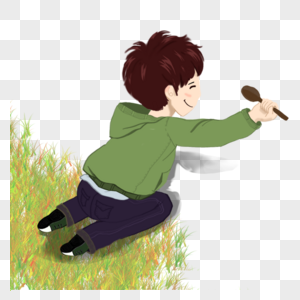 手绘男孩爬在草地上拿着勺子元素图片