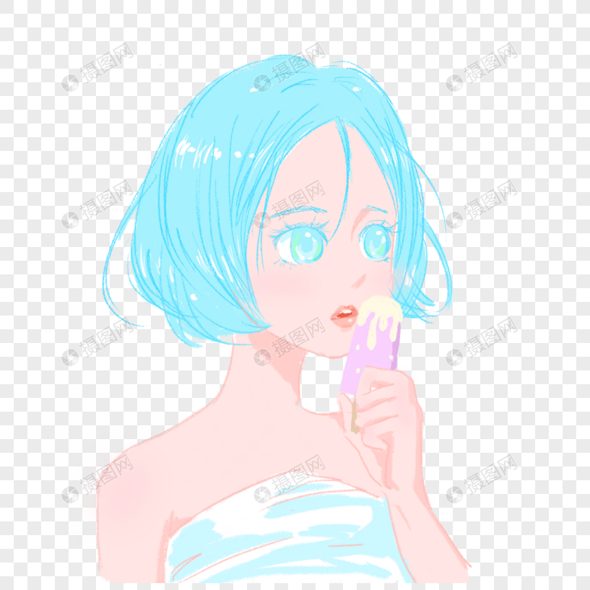 洗完澡吃雪糕的女孩