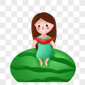 坐在西瓜上吃西瓜的女孩图片