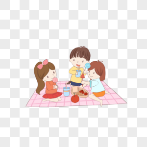 儿童节坐在格子餐布上吃东西的三个小孩高清图片