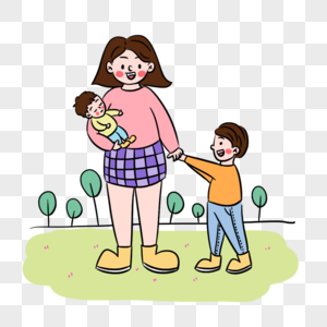简约卡通妈妈带两个孩子场景图片