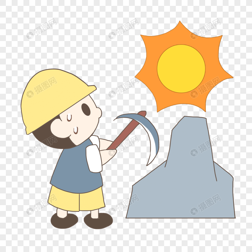 手绘卡通夏天高温工作凿石头工人
