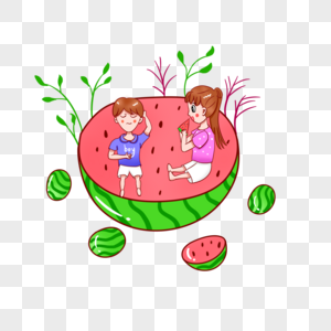 坐在西瓜上吃西瓜的孩子高清图片