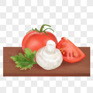 厨房案板家常蔬菜番茄平菇芹菜叶插画图片