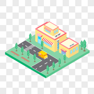 2.5D黄色小清新生活场景房子建筑公路插画图片