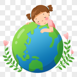 手绘卡通小女孩拥抱着地球图片