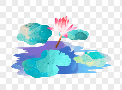 夏至荷花盛开池塘荷叶水彩插画元素手绘图片
