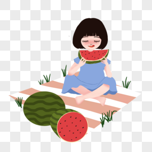 坐在餐布上吃西瓜的女孩图片