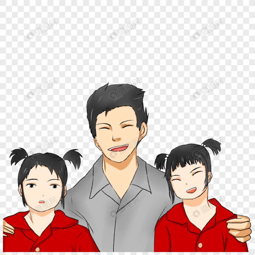父亲搂着两个女儿开心的笑