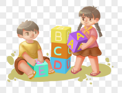 q版人物元素搭积木的小朋友素材