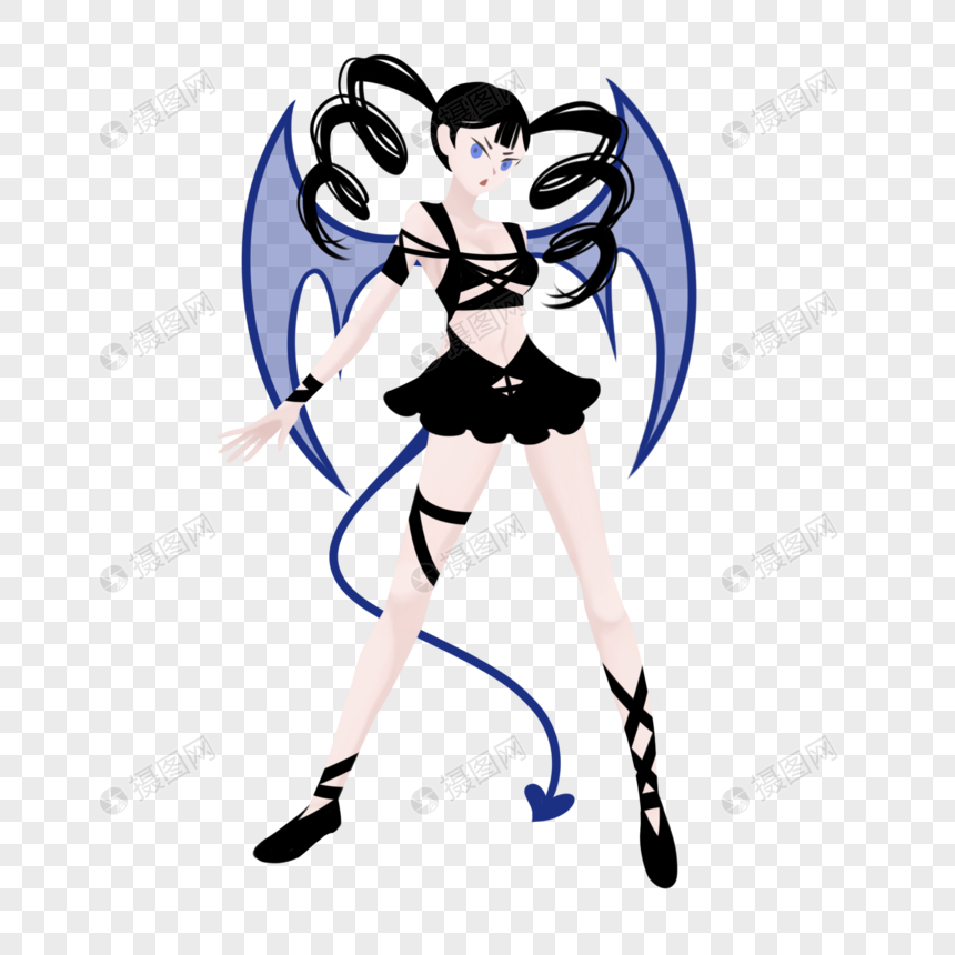黑色螺旋卷双马尾蓝色恶魔装蓝角妹子怪物女孩元素素材下载-正版素材4