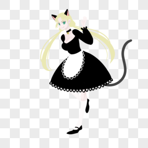黄色低双马尾黑白猫咪女仆装猫耳猫尾巴女孩图片