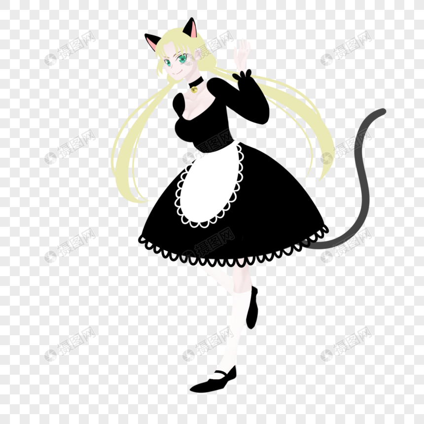 黄色低双马尾黑白猫咪女仆装猫耳猫尾巴女孩元素素材下载 正版素材 摄图网