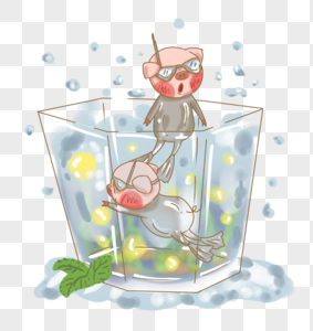 原创夏日玻璃杯与游泳的猪猪插画PNG图片