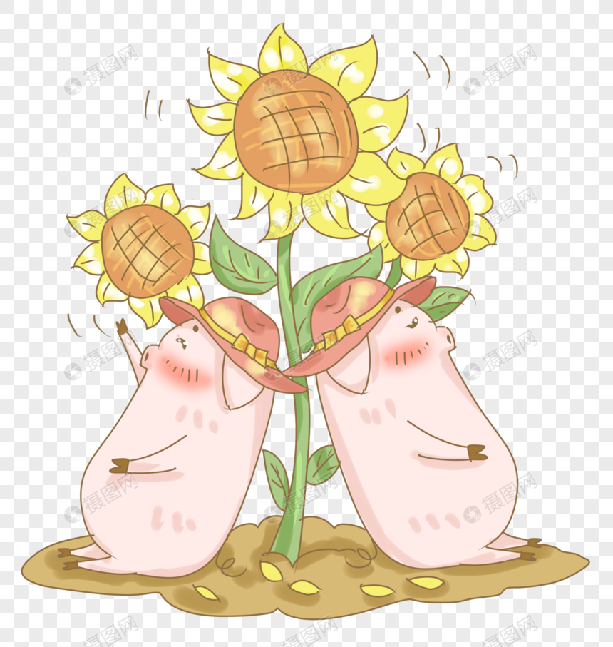 夏日向日葵与游玩的猪猪插画png