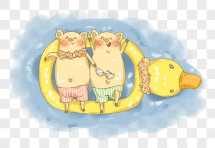 夏日大黄鸭游泳圈与猪猪插画PNG图片