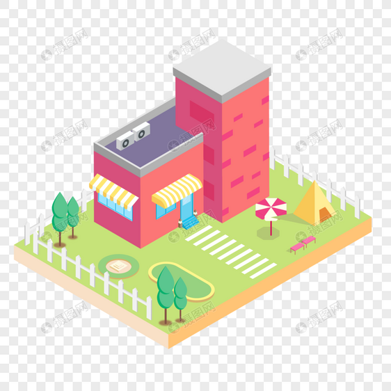2.5D小清新绿色围栏家里场景红色房子插画图片