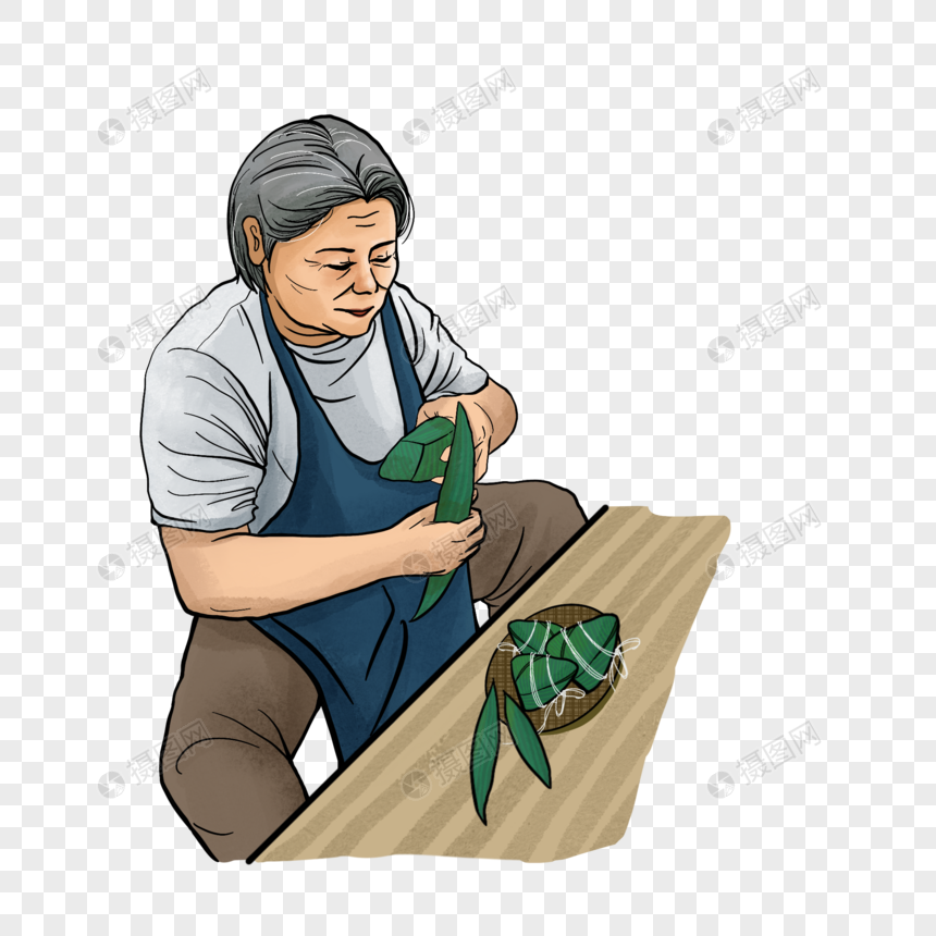 手绘老奶奶包粽子端午