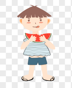 夏至吃西瓜的小男孩站着可爱插画元素手绘图片