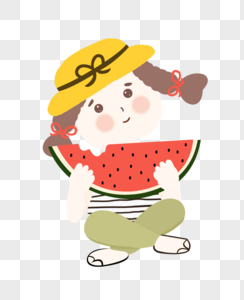 夏至吃西瓜的小女孩帽子可爱插画元素手绘图片