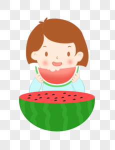 夏至吃西瓜的小女孩大西瓜半个西瓜插画元素手绘高清图片