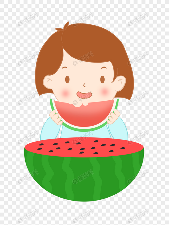夏至吃西瓜的小女孩大西瓜半个西瓜插画元素手绘图片