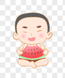 夏至吃西瓜的小男孩可爱插画元素手绘图片