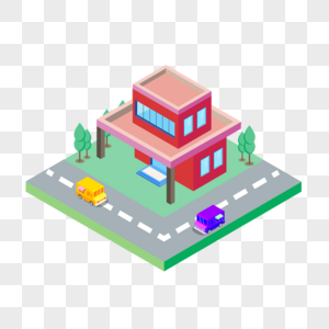 2.5D公路汽车红色小清新建筑房子插画图片