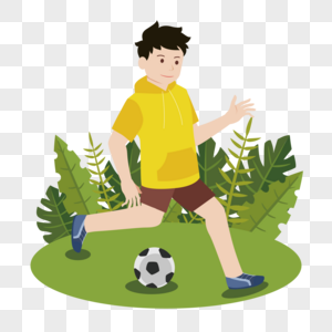 男孩在草坪踢足球图片