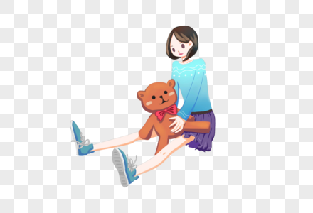 坐着抱玩具熊的女孩高清图片