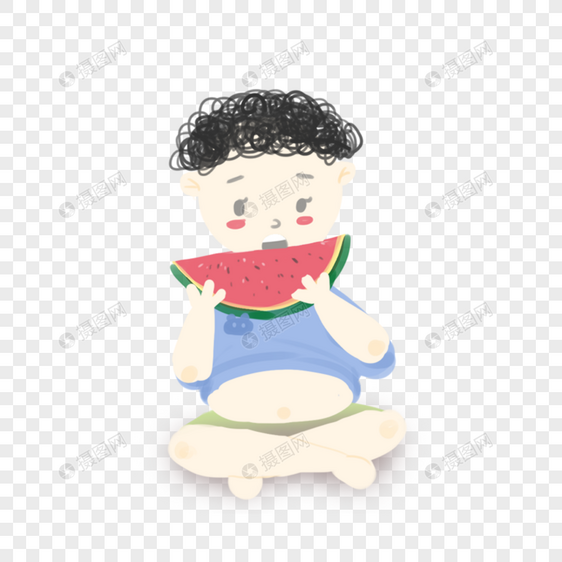 坐在吃西瓜的孩子图片